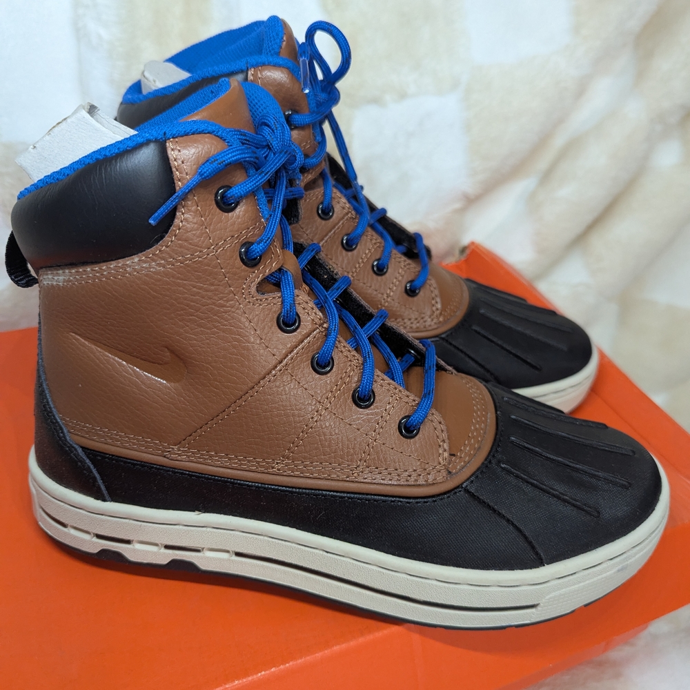 Brown and Black High-Top Boots with Blue Accents